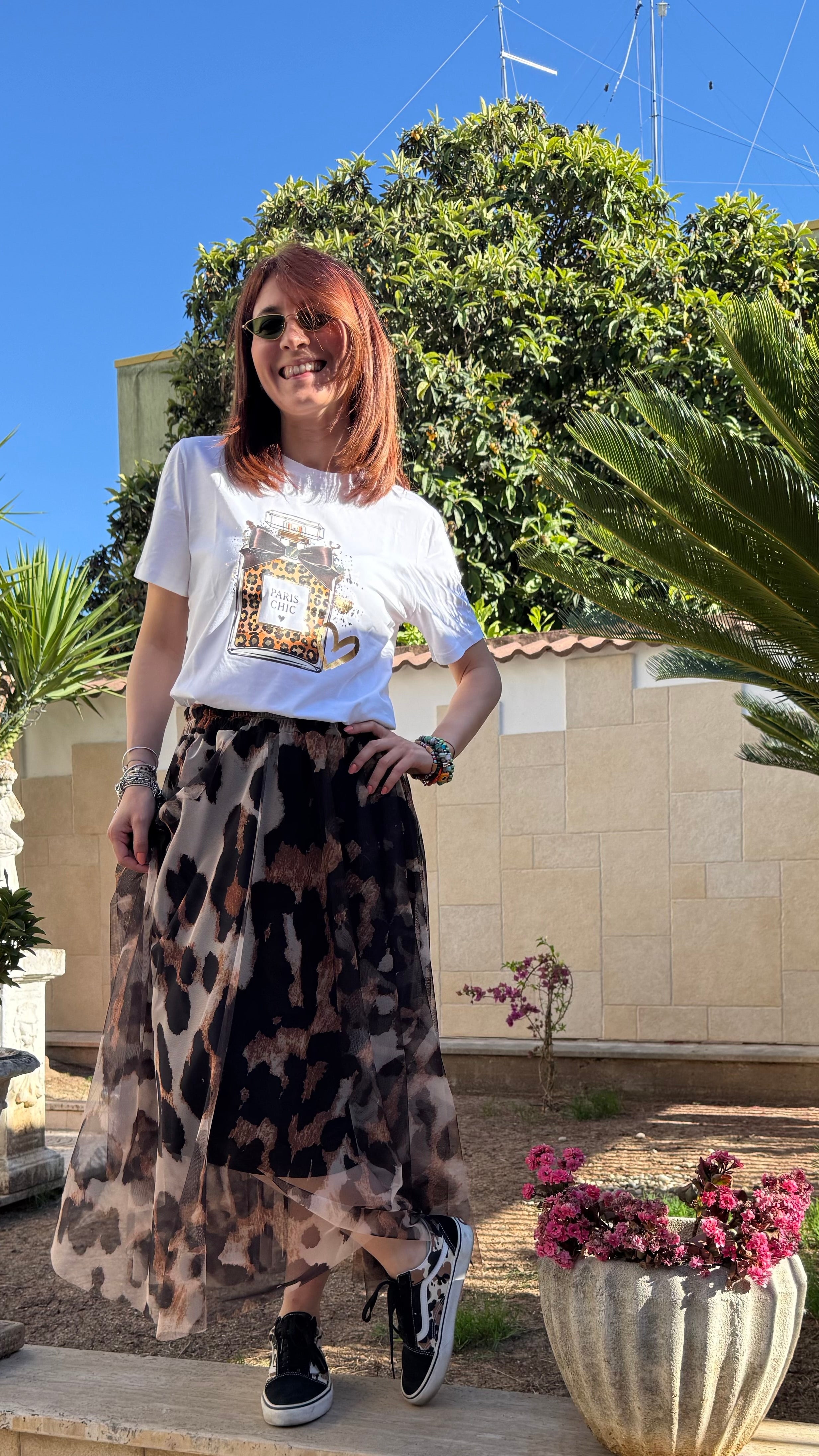 Maxi Gonna Trasparente Animalier con Fodera Corta